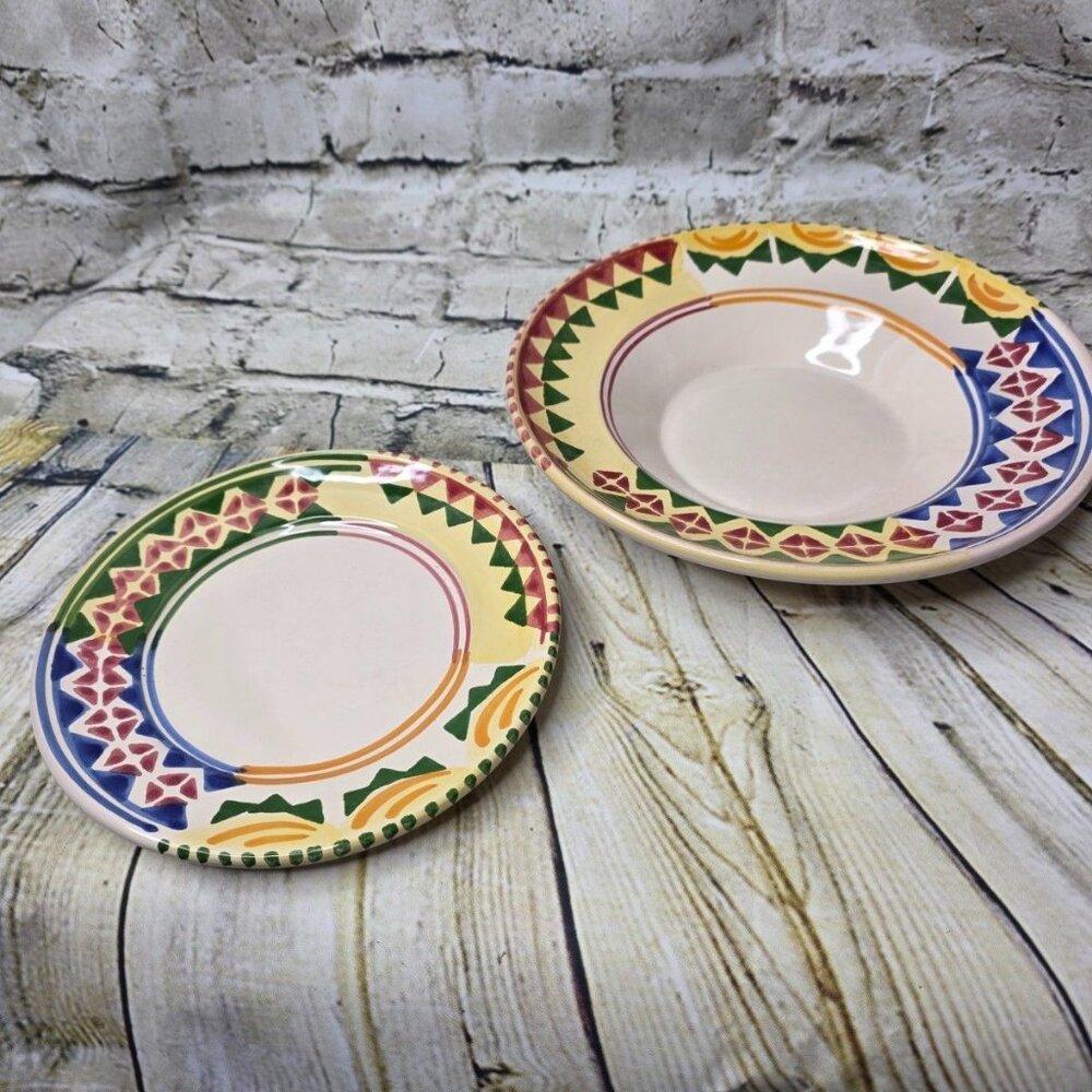 Italy LAMAS Geometric Colorful Stoneware Pottery 9.0” Pasta Bowl 7" Bread Plate